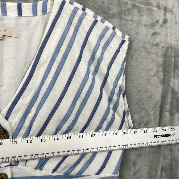 Loft Blue Shimmer Stripe Button Front Dress Size 14 Cotton Lined V-Neck Nautical - Picture 6 of 8